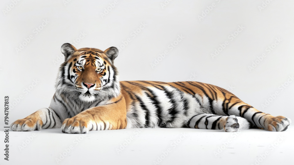 Naklejka premium Siberian tiger full body lying down posture isolated on white background