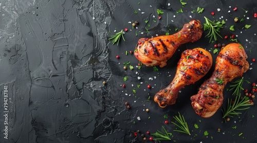 Tasty grilled chicken thigh or drumstick seasoned with salt and spices on a dark concrete backdrop photo