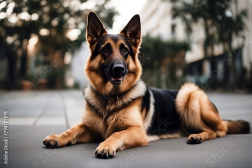 'allemand berger german shepherd dog drover adult male seated animal company companion friends race purebred foot canino tame training hair hairy grooming portrait studio domestic pet look truffle' photo