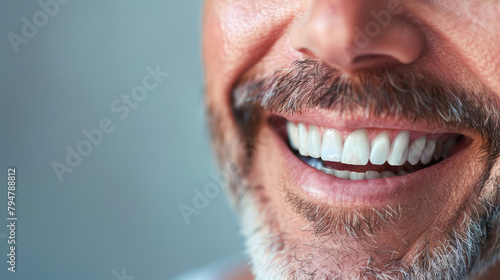 happy smiling closeup face of middle-aged man male with Healthy white teeth and his mustache beard seen from the side  created with Generative AI Technology photo