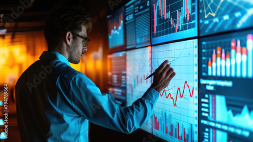 photograph of a middle age business man, working with data graph, on a large screen