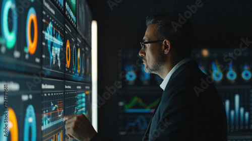 photograph of a middle age business man, working with data graph, on a large screen