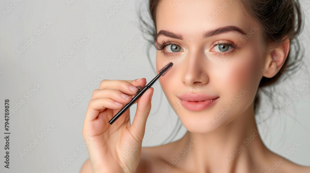 close-up face of beautiful young woman applying mascara eyebrow makeup cosmetics with beauty brush on plain background close-up face of beautiful young woman applying mascara eyebrow makeup cosmetics with beauty brush on plain background