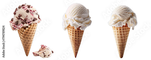Collection of PNG. Ice Cream Scoop on Waffle Cone Isolated on A Transparent Background.