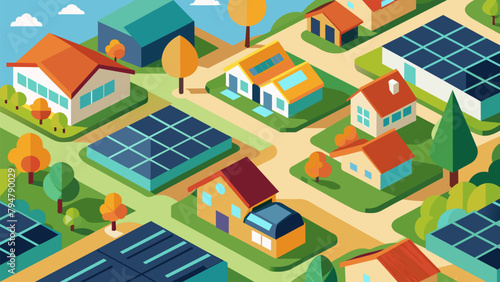 An aerial view of a neighborhood with rooftop gardens and solar panels on every house depicting a community committed to energy efficiency.