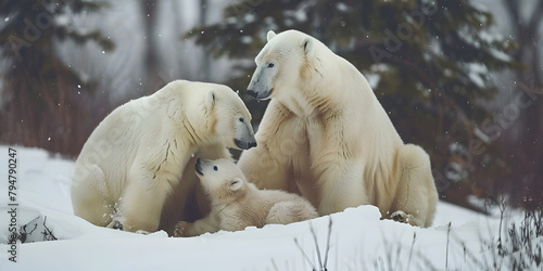 Família de ursos polares brincando na neve photo