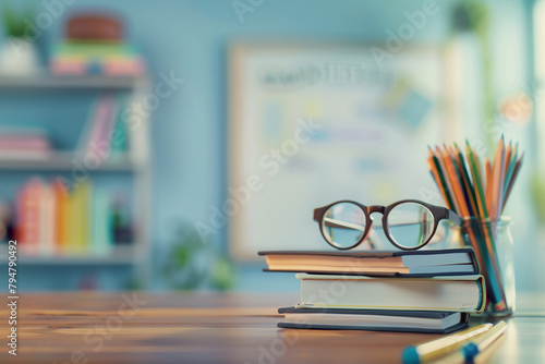A stack of books, glasses and colored pencils on a desk in classroom generative by ai