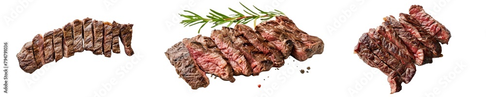 Collection of PNG. Sliced Grilled Machete Skirt Beef Meat Steak Isolated on A Transparent Background.