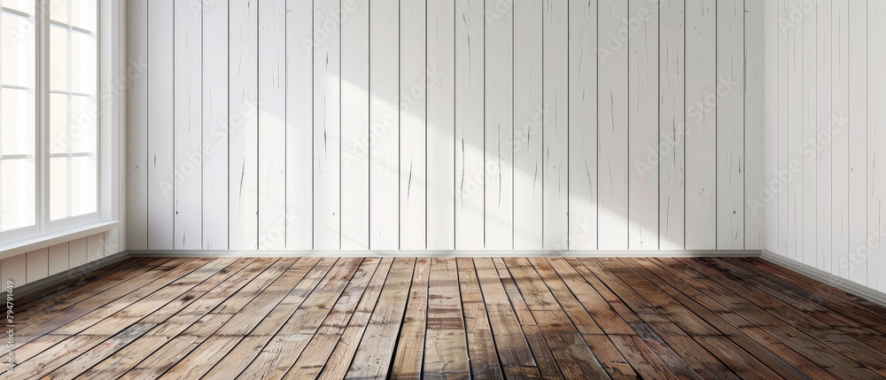 empty vintage interior room with white wooden walls and brown wooden plank floor with subtle sunlight coming in through the window created with Generative AI Technology