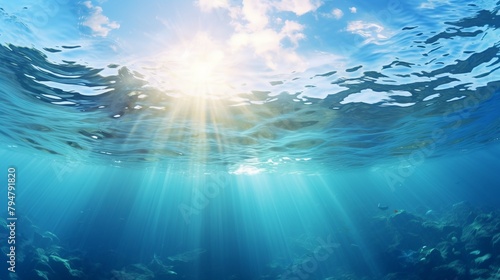 Small canyon underwater carved by the swell into the fore reef with sunlight through water surface