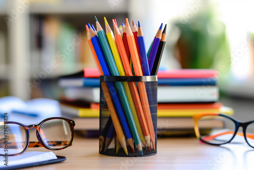 Colorful pencils in a pencil holder on a desk with books and glasses generative by ai