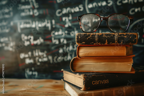 Pile of books with glasses on top and chalkboard background generative by ai