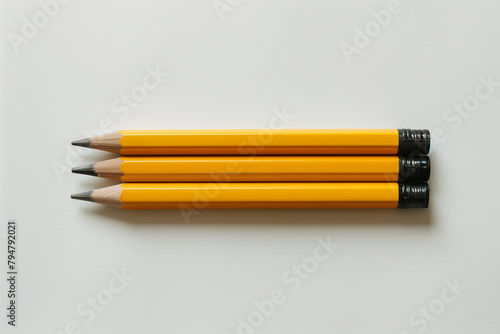 Three yellow children pencils a white background generative by ai