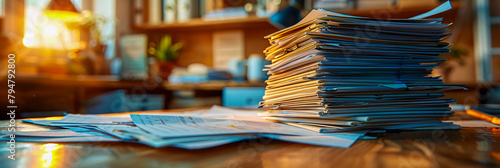 Piles of paperwork in an office, symbolizing business data and information overload photo