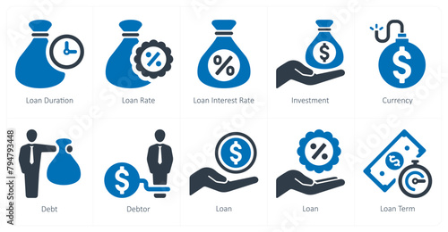 A set of 10 Loan and Debt icons as loan duration, loan rate, loan interest rate