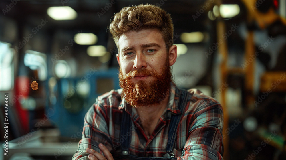 Close-up portrait of a male mechanic. A man with brutal, expressive facial features. Hard work in a car repair shop Close-up portrait of a male mechanic. A man with brutal, expressive facial features. Hard work in a car repair shop
