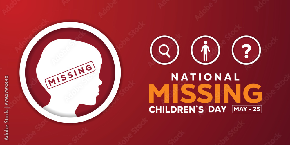 National Missing Children's Day. Human, magnifying glass, people icon and question mark. Great for cards, banners, posters, social media and more. Red background.