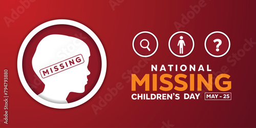 National Missing Children's Day. Human, magnifying glass, people icon and question mark. Great for cards, banners, posters, social media and more. Red background.