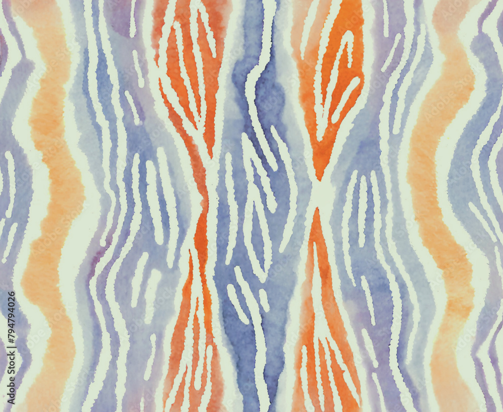 Seamless abstract watercolor tie and dye pattern in pale blue and light orange
