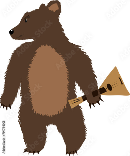 cartoon character bear with bolalaika. Vector illustration Russian brown forest bear shaggy and short-legged standing with russian bolalaika in paw