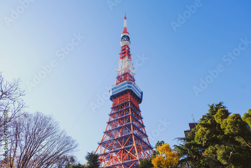Tokyo Tower with blue sky in Tokyo. The structure is an Eiffel Tower-inspired lattice tower