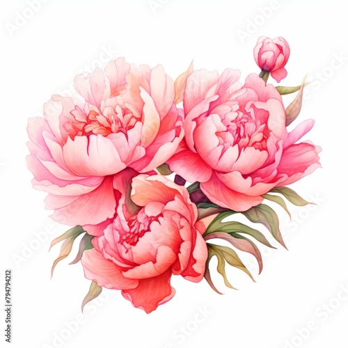 A bouquet of pink peonies painted in watercolor.
