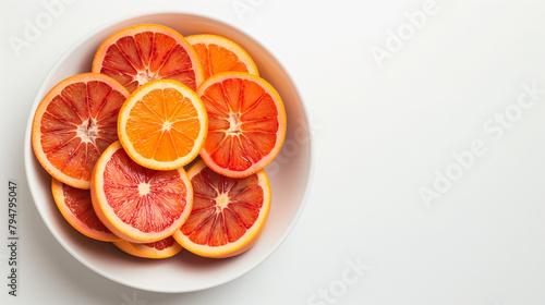 Blood orange slices in a bowl on a white table aerial view space on the right