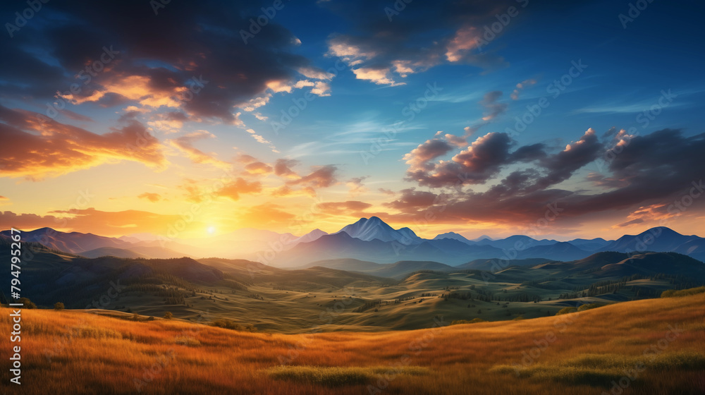 Sunset over the mountains with red and orange hues, blending into the blue sky with cloudscape and natural beauty