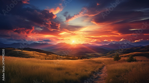Sunset and sunrise paint the mountains in hues of red and orange, with bright sunlight piercing through clouds, creating a scenic landscape of natural beauty and tranquility #794795250