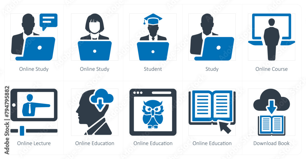 A set of 10 online education icons as online study, student, study, online course A set of 10 online education icons as online study, student, study, online course