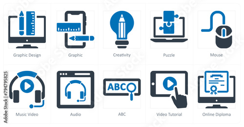 A set of 10 online education icons as graphic design, graphic, creativity