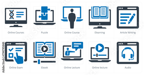A set of 10 online education icons as online classes, puzzle, online course