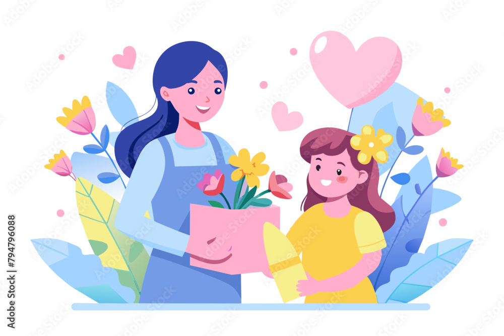 Mother's Day Celebration: Happy Mom and Daughter with Flowers Mother's Day Celebration: Happy Mom and Daughter with Flowers