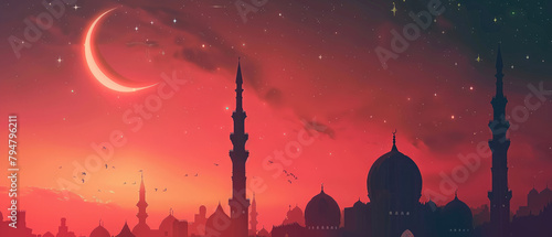 Eid al-Fitr Idul Fitri religion celebration poster with a silhouette image of the appearance of a mosque with a starry sky and a crescent moon at night created with Generative AI Technology