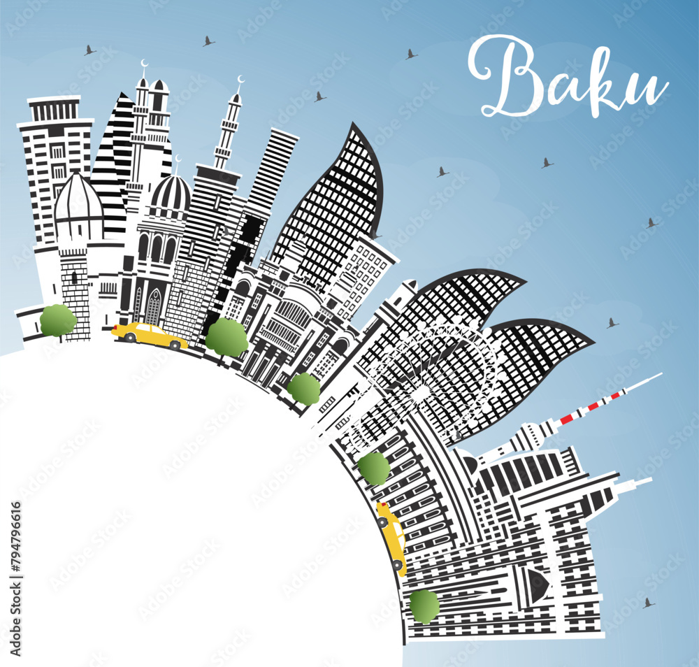 Baku Azerbaijan City Skyline with Color Buildings, Blue Sky and Copy Space. Baku Cityscape with Landmarks. Business Travel and Tourism Concept with Historic Architecture.