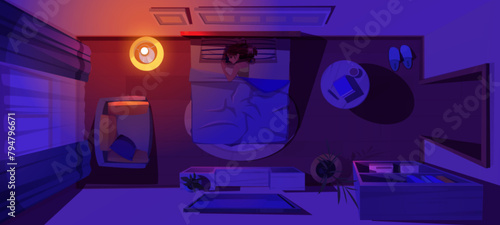 Woman character sleep in bed top view cartoon. Night bedroom interior and lady asleep pose alone with blanket. Comfort lying position for adult slumber in dark apartment concept illustration