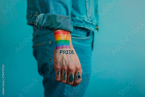 Pride text on wrist with rainbow flag. Generative AI
