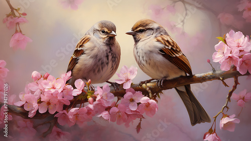  Tiny and amusing sparrow chicks perch in the garden