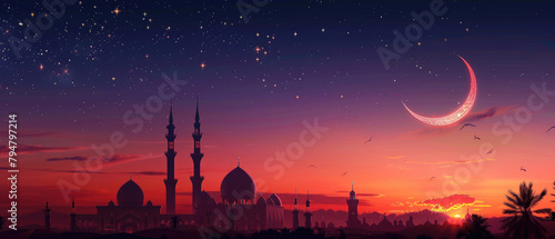 Eid al-Fitr Idul Fitri religion celebration poster with a silhouette image of the appearance of a mosque with a starry sky and a crescent moon at night created with Generative AI Technology