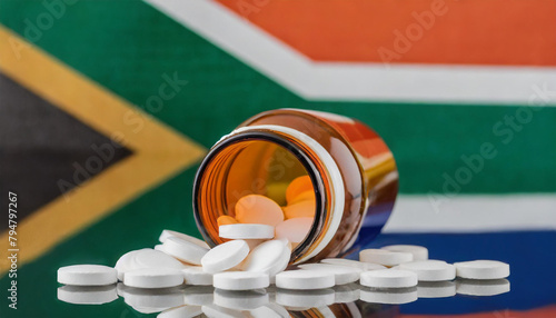 pills and bottle in front of the South African flag. Medical or health concept photo