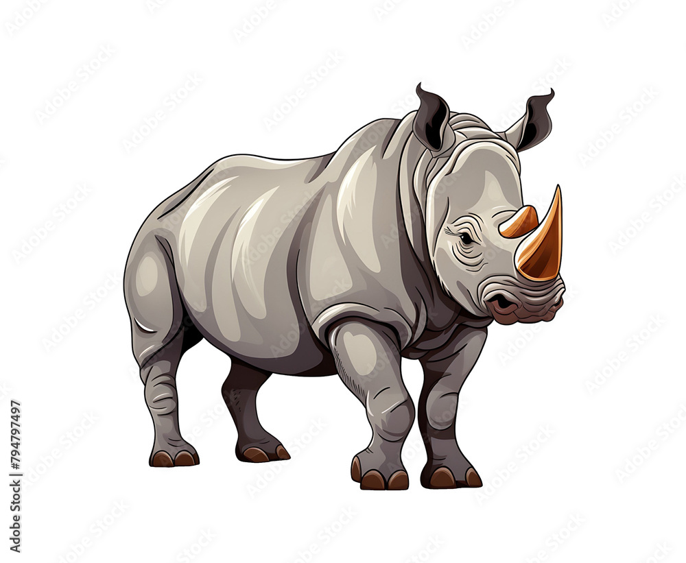 Sturdy cartoon rhinoceros with a prominent horn, portrayed in a detailed vector style. Generative AI