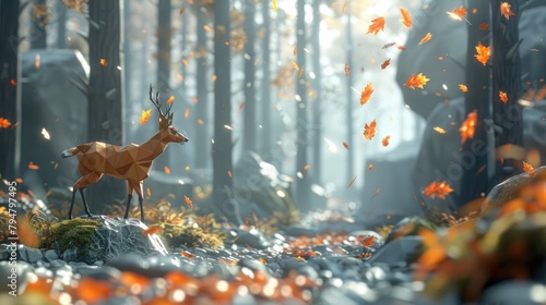 surreal scene with low-polygon A deer in the morning forest There are maple leaves falling down. Low Polygon style.
