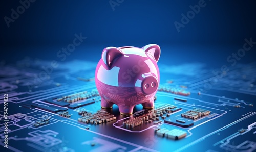 piggy bank money coins saving in futuristic background photo