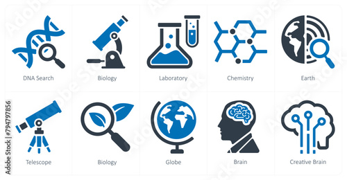 A set of 10 School and Education icons as dna search, biology, laboratory
