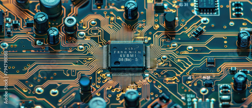 Electronic circuit microchip boards are printed in a flat brain-shaped PCB with a chip in the center of the technology board created with Generative AI Technology