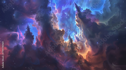 A colorful space scene with purple clouds and stars. The sky is filled with a variety of colors, creating a sense of wonder and awe. The clouds are fluffy and seem to be floating in the sky © silverwolf