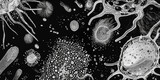 Microscopic view of sea organisms - An intricate black and white illustration showcasing the diverse and complex world of sea microorganisms