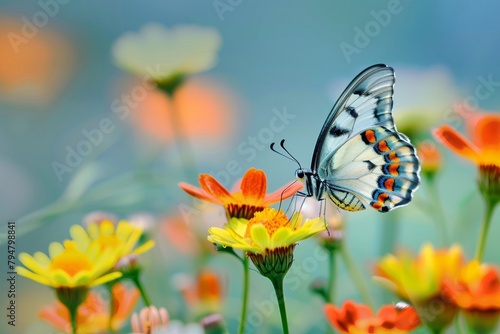 A butterfly perches on a colorful flower. © wpw