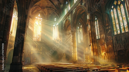 Mystical light rays in a gothic church setting - Ethereal beams of light pour through large stained glass windows, illuminating the dust-filled air of a grand gothic church