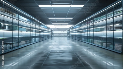 Illuminated empty shelves in a dark store - Futuristic and sleek aisle with illuminated empty shelves in a dark supermarket  evoking mystery or a concept of potential